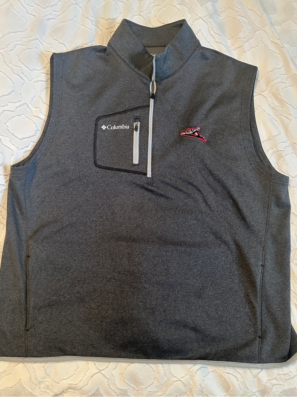 Columbia Men’s Dark Gray Quarter-Zip Sleeveless Vest. Flying squirrels.